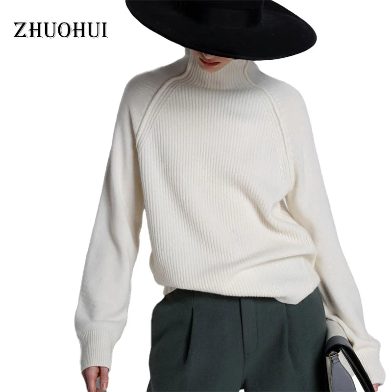 2022 Autumn Fashion Turtleneck Long Sleeve Pullover Sweater Women Casual Plain Knit-Rib Loose Streetwear Sweaters Ladies