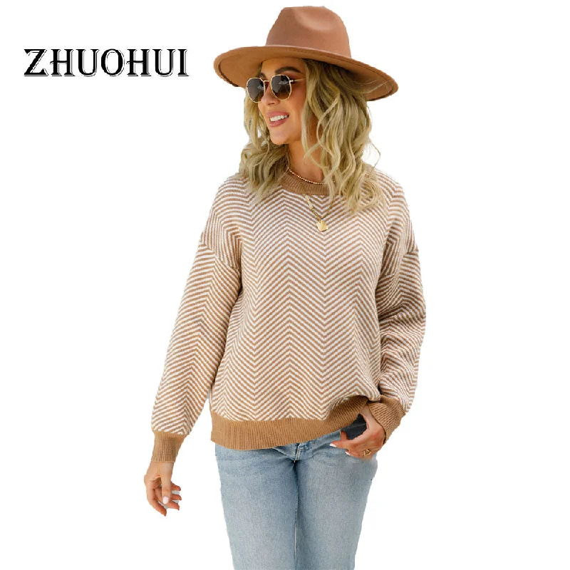 Autumn Winter Casual Wavy Grain Round Collar Patchwork Pullover Knitting Tops Women Sweater