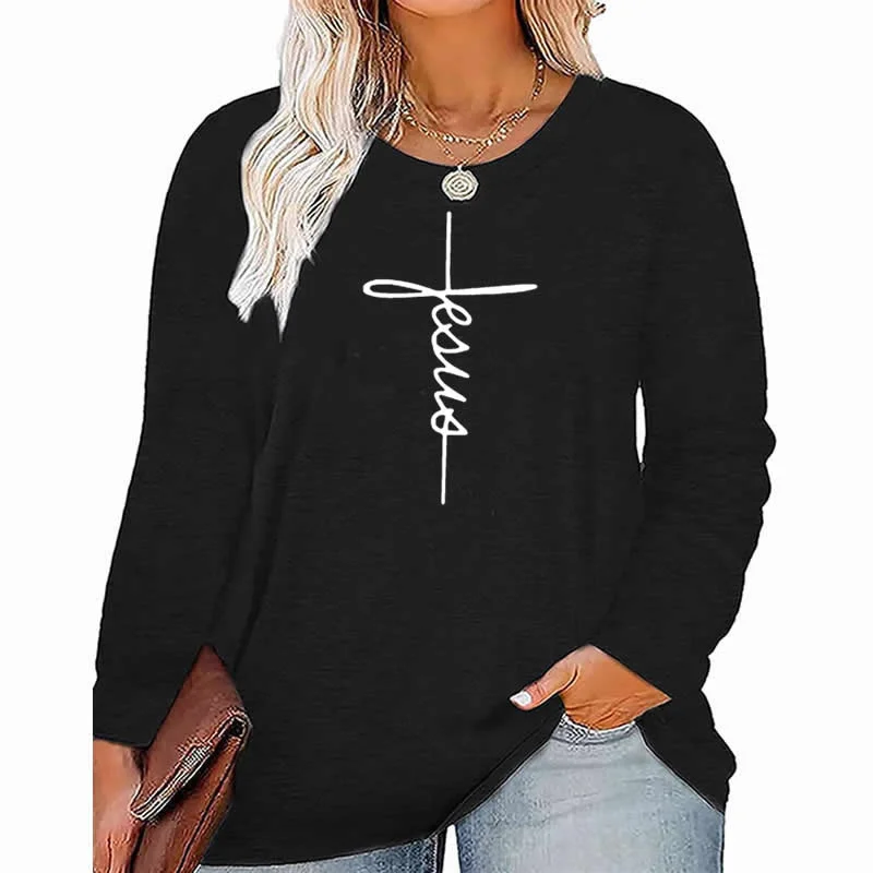 faith pattern Plus Size Women's Top Autumn X-Large-5X-Large woman clothes y2k t shirt oversized long sleeve tshirt