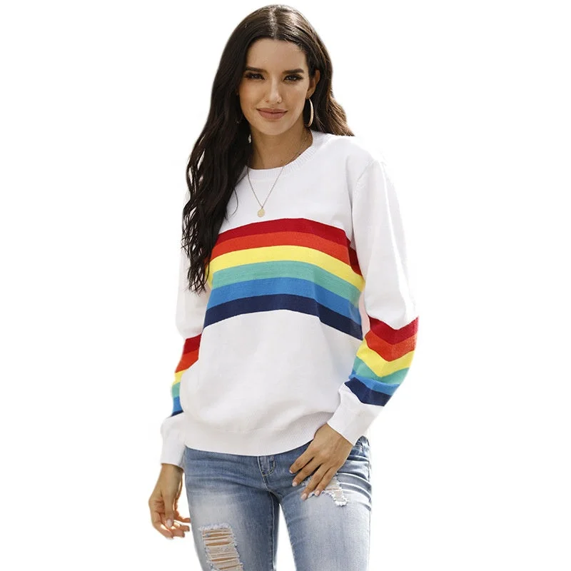 Fall New Student Knitwear Top Fashion Rainbow Stripe Long Sleeve Pullover Women