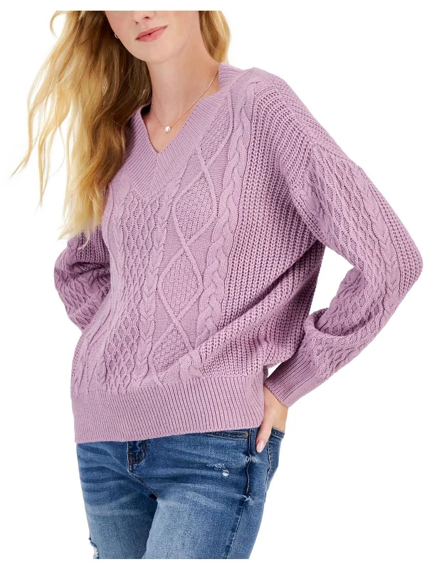 Juniors Womens Cable Knit Comfy V-Neck Sweater