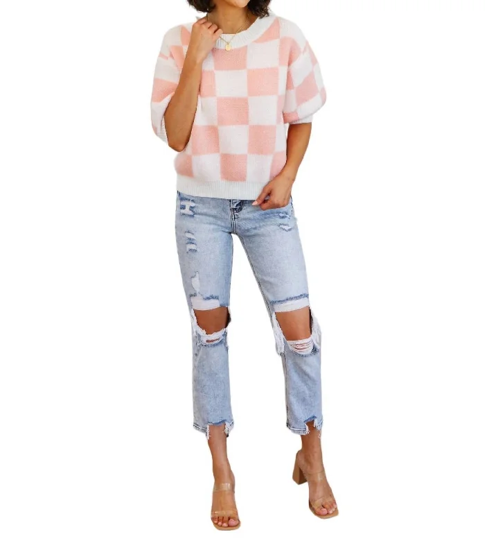 Start Me Up Checkered Sweater In Pink And White