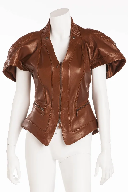 Original Alexander McQueen - Editorial, Tan Short Sleeve Peplum Leather Jacket - IT 40