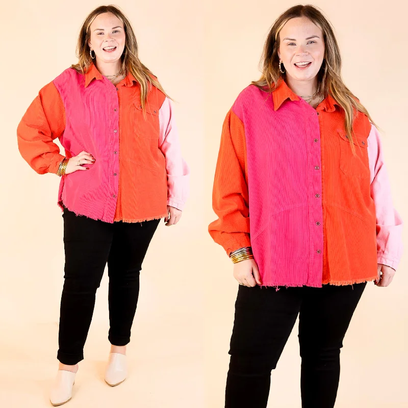 Down The Street Color Block Corduroy Jacket in Pink and Red