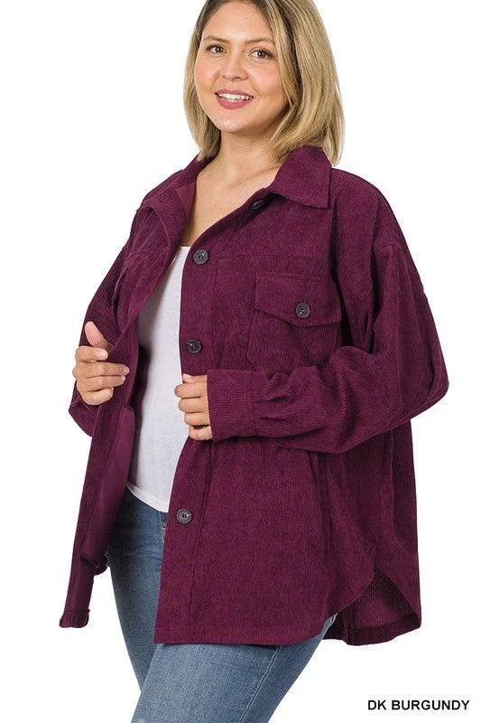 Plus Size oversize corduroy button front jacket in DK. Burgundy