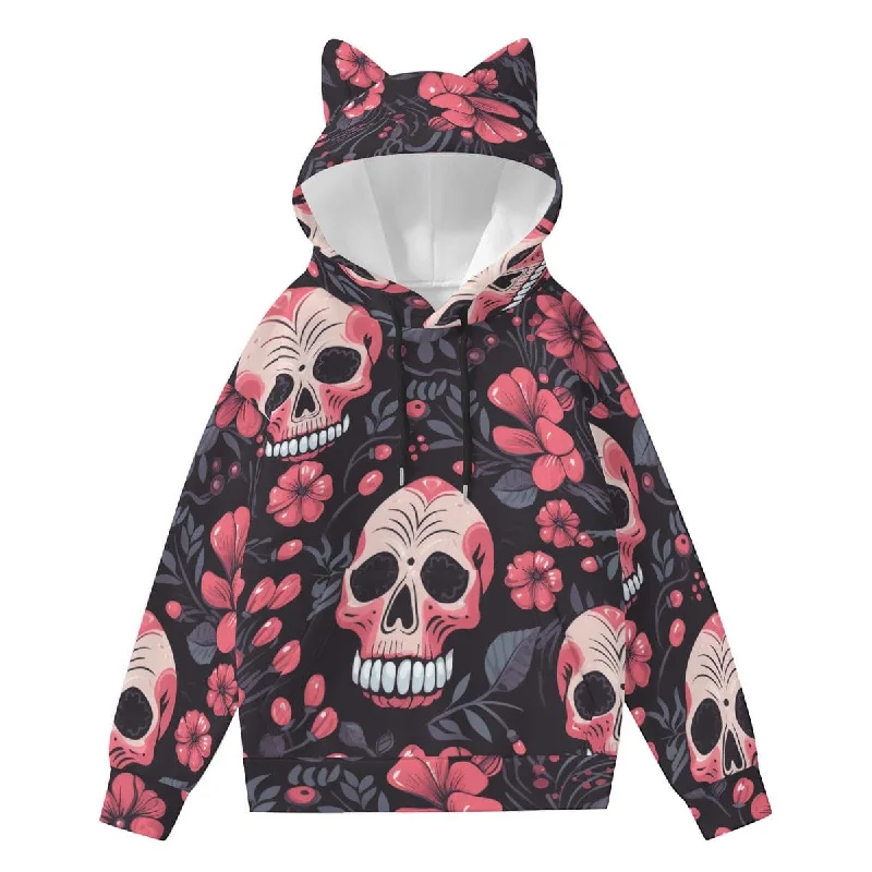 Women’s Pink Skulls & Flowers Hoodie With Decorative Ears