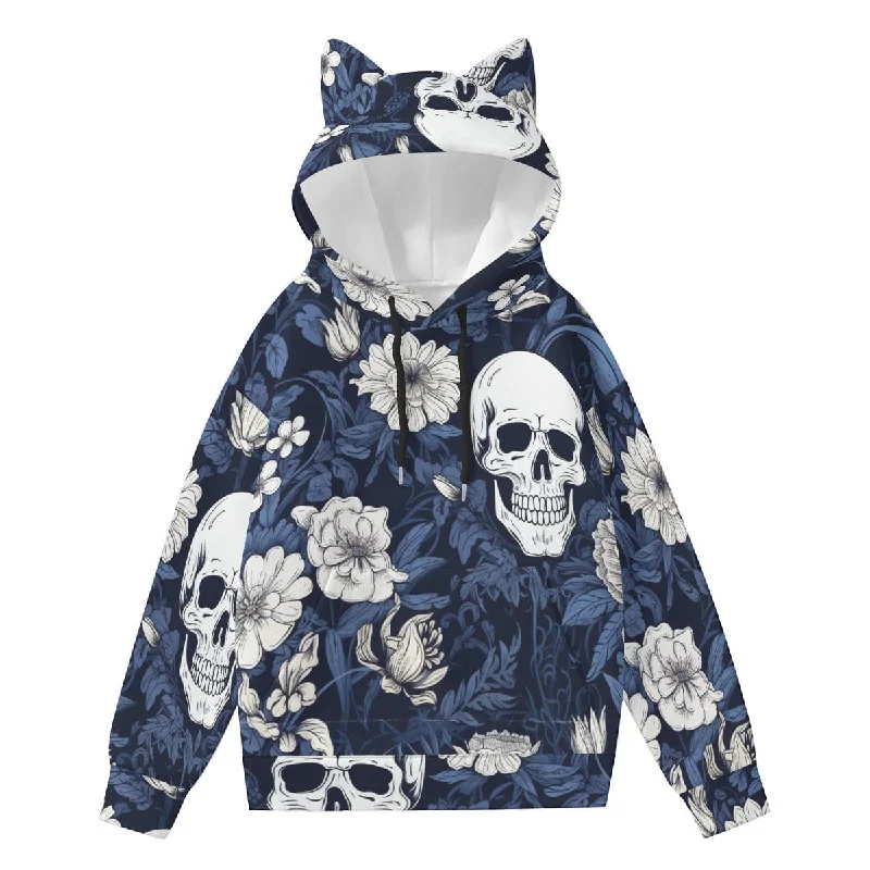 Women’s Skulls Blue Floral Hoodie With Decorative Ears