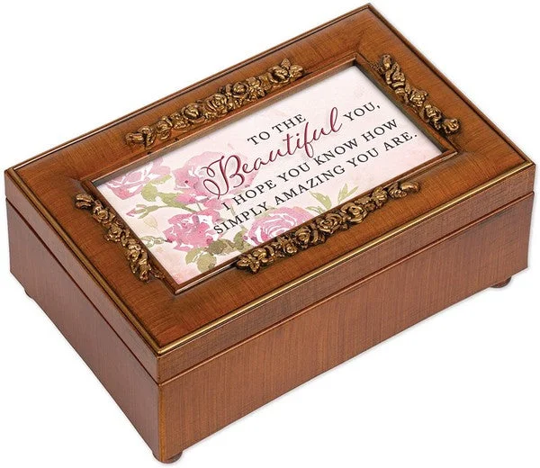 Beautiful You Amazing You are Woodgrain Rosette Petite Music Box Plays You Light Up My Life