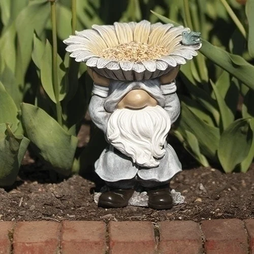 Gnome with Sunflower Bird Feeder Pudgy Pal Garden Statue 9.5"