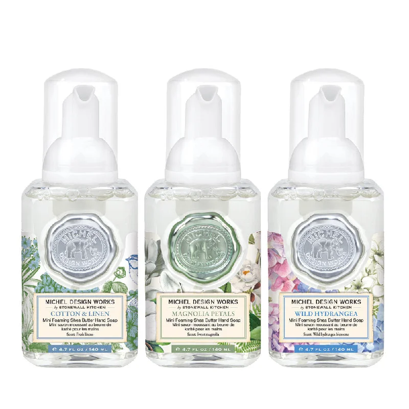 Michel Design Works Mini Foaming Hand Soap Set Botanical Bliss - Cotton & Linen, Magnolia Petals & Wild Hydrangea