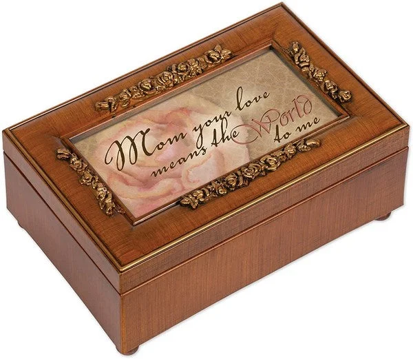 Mom Your Love Means World to Me Woodgrain Embossed Jewelry Music Box Plays Wind Beneath My Wings