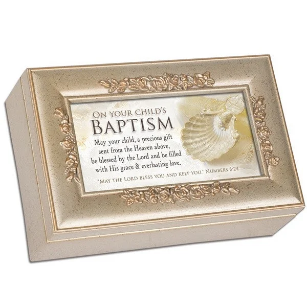 On Your Child's Baptism Woodgrain Petite Rose Keepsake Music Box Plays Amazing Grace