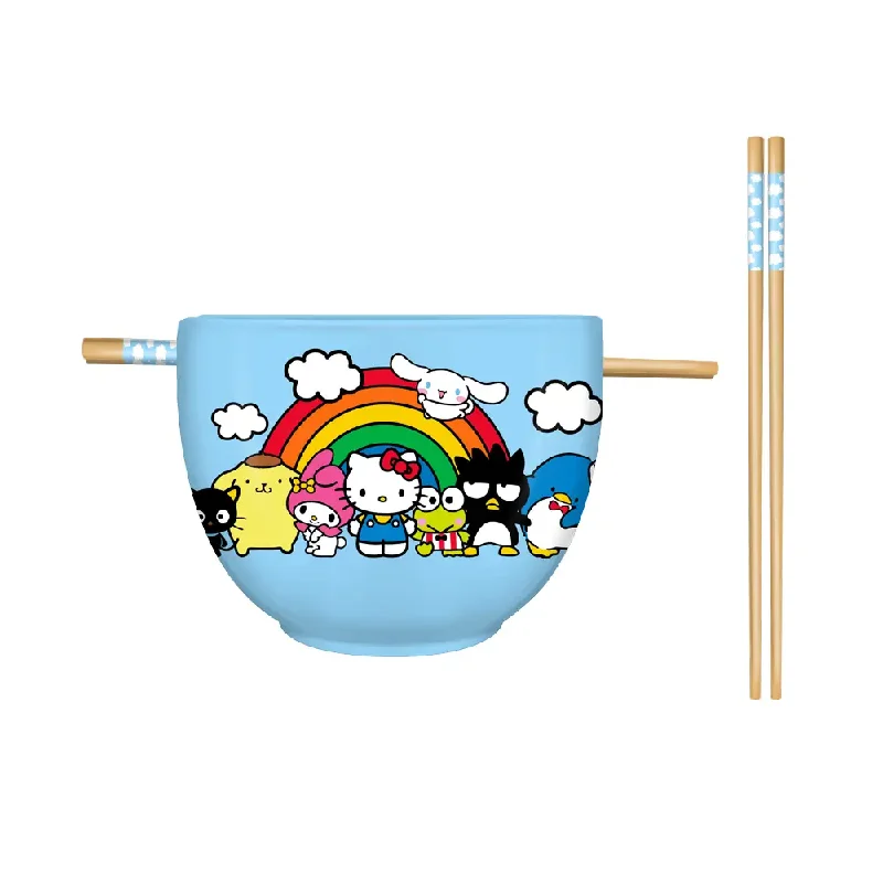 Sanrio Hello Kitty and Friends with Rainbow Blue Ceramic Ramen Noodle Rice Bowl with Chopsticks 20 Oz.