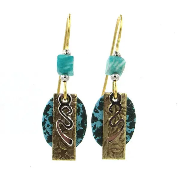 Silver Forest Teal Layered Shapes with Squiggles Earrings