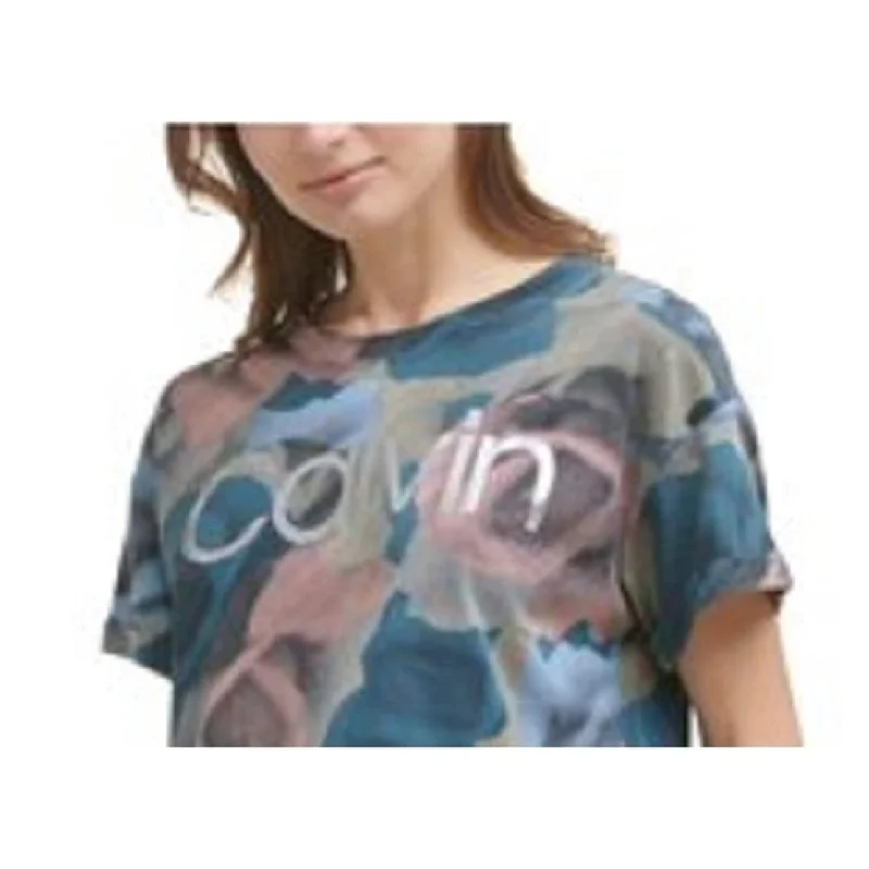 Calvin Klein Women's Cropped Printed T-Shirt Blue Size Large