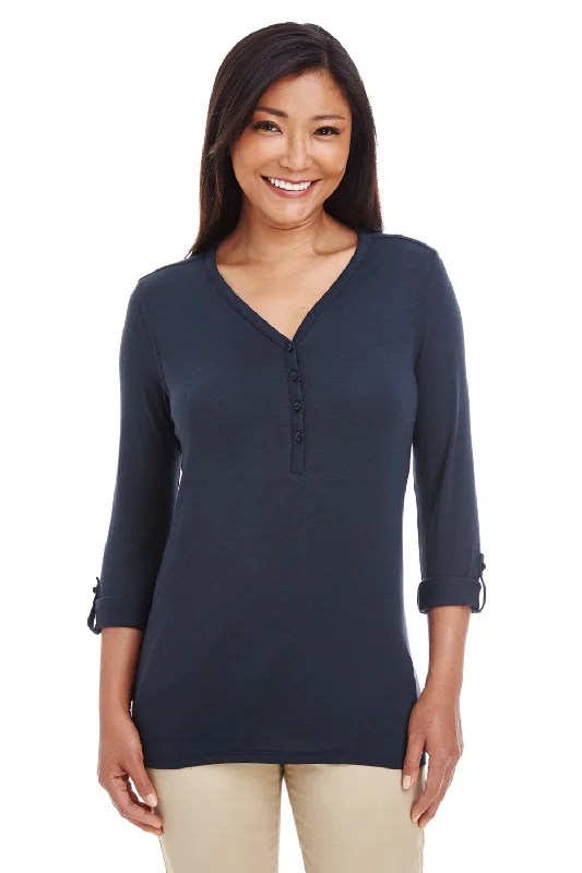 Devon & Jones Womens Perfect Fit Long Sleeve V-Neck T-Shirt - Navy Blue