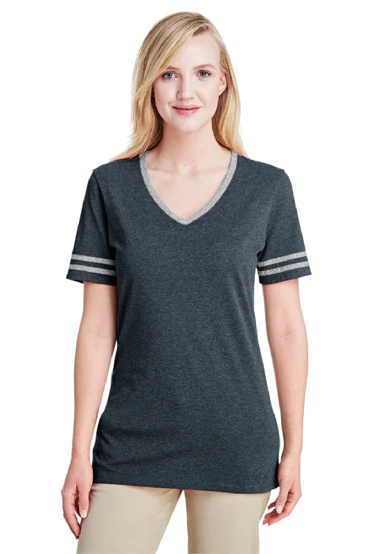 Jerzees Womens Varsity Ringer Moisture Wicking Short Sleeve V-Neck T-Shirt - Heather Black/Oxford Grey - Closeout