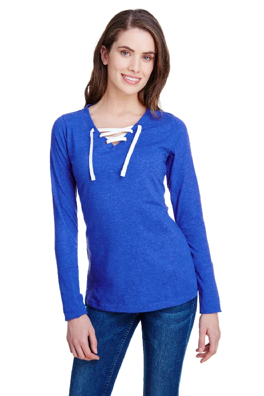 LAT Womens Fine Jersey Lace Up Long Sleeve V-Neck T-Shirt - Vintage Royal Blue