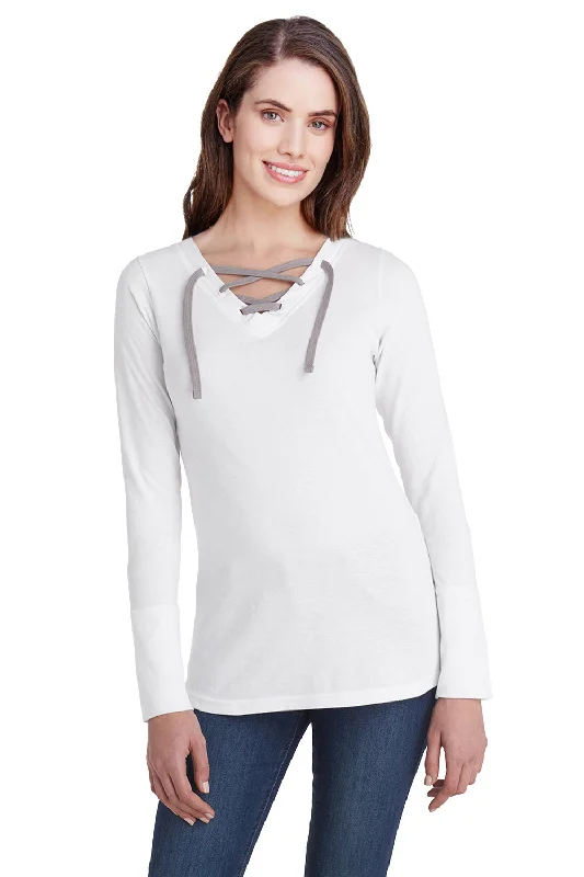 LAT Womens Fine Jersey Lace Up Long Sleeve V-Neck T-Shirt - White