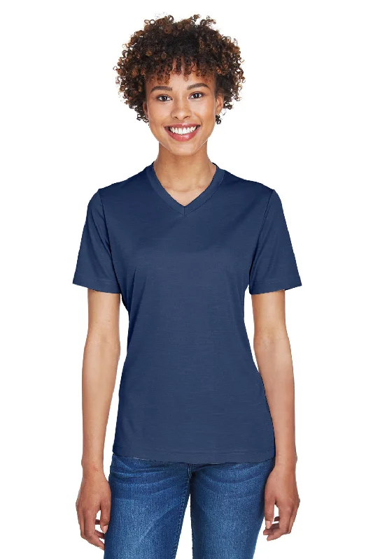 Team 365 Womens Sonic Performance Heather Moisture Wicking Short Sleeve V-Neck T-Shirt - Heather Dark Navy Blue