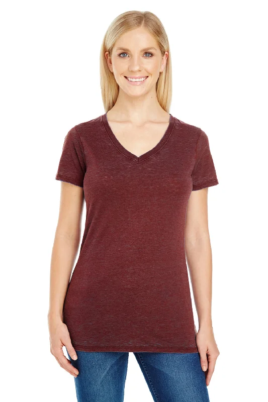 Threadfast Apparel Womens Cross Dye Short Sleeve V-Neck T-Shirt - Black Cherry Red