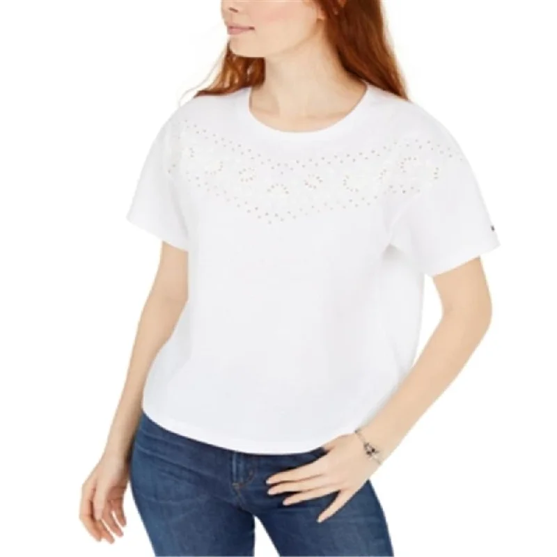 Tommy Hilfiger Women's Eyelet- Yoke T-Shirt White Size XX-Large