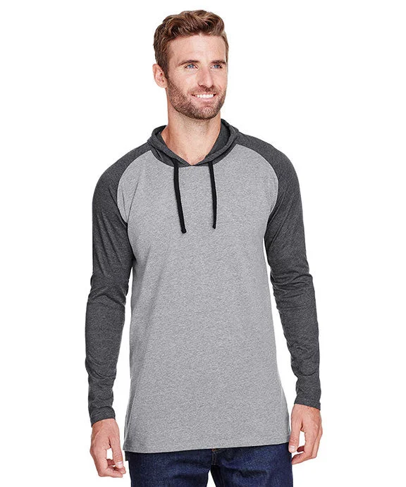 6917 - LAT Mens Hooded Raglan Long Sleeve Fine Jersey T-Shirt | Grey Hthr/Vint Smoke/Black