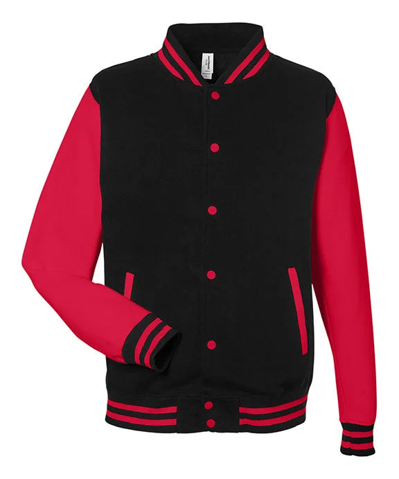 JHA043 - Just Hoods By AWDis Mens Heavyweight Letterman Jacket | Jet Black/Fire Red