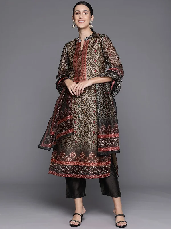 Beige Printed Straight Kurta Paired With Solid Bottom And Printed Dupatta