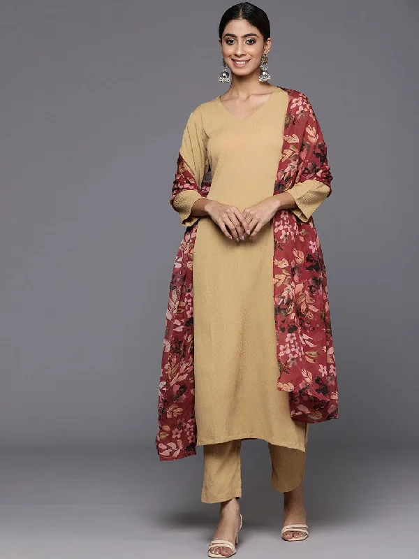 Beige Straight Kurta Paired With Tonal Bottom And Printed Dupatta