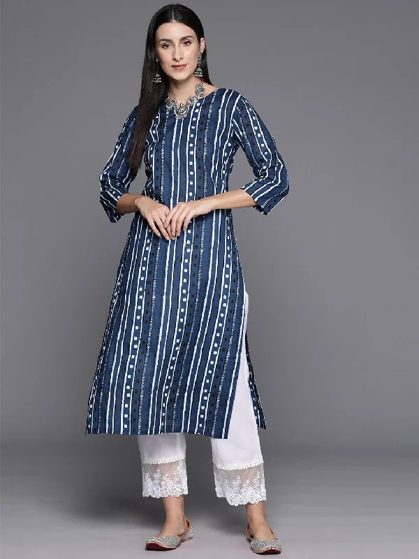 Blue Printed, Round Neck, Straight Kurta With Side Slits.