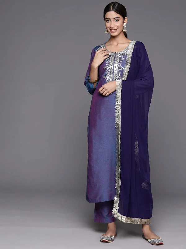 Blue Round Neck Yoke Embroidered, Three Quarter Sleeves Straight Kurta Paired With Tonal Bottom And Dupatta With Four Side Fringes