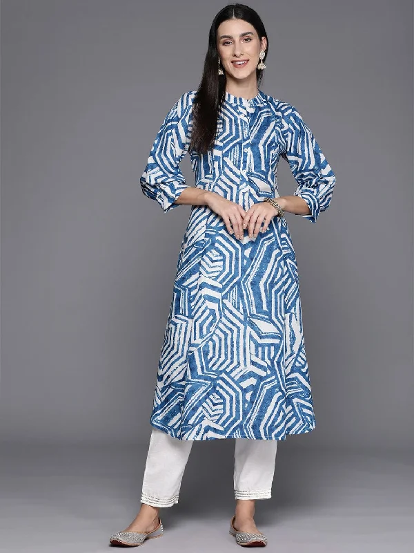 Blue & White Abstract Printed A-Line Kurta With Bishop Sleeves