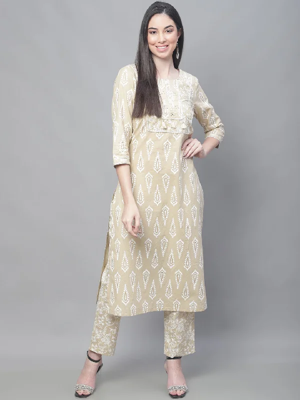 Women's Casual  Beige Printed & Embroidered  Palazzo Set