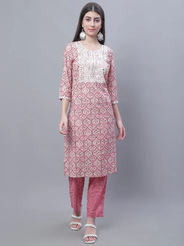 Women's Casual  Pink Printed & Embroidered  Palazzo Set