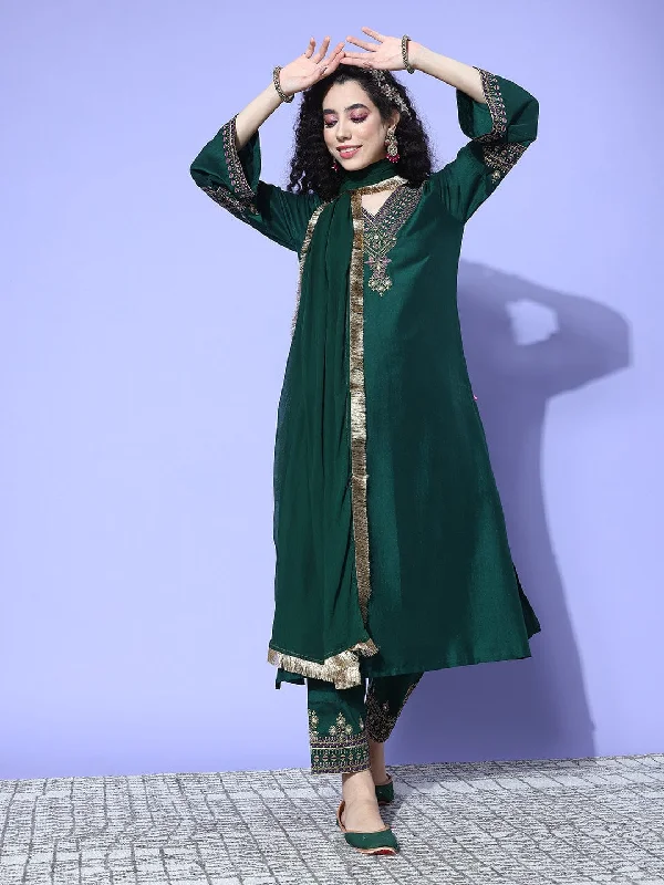 Green Embroidered Straight Kurta Paired With Tonal Embroidered Bottom And With Tonal Chiffon Dotted Dupatta