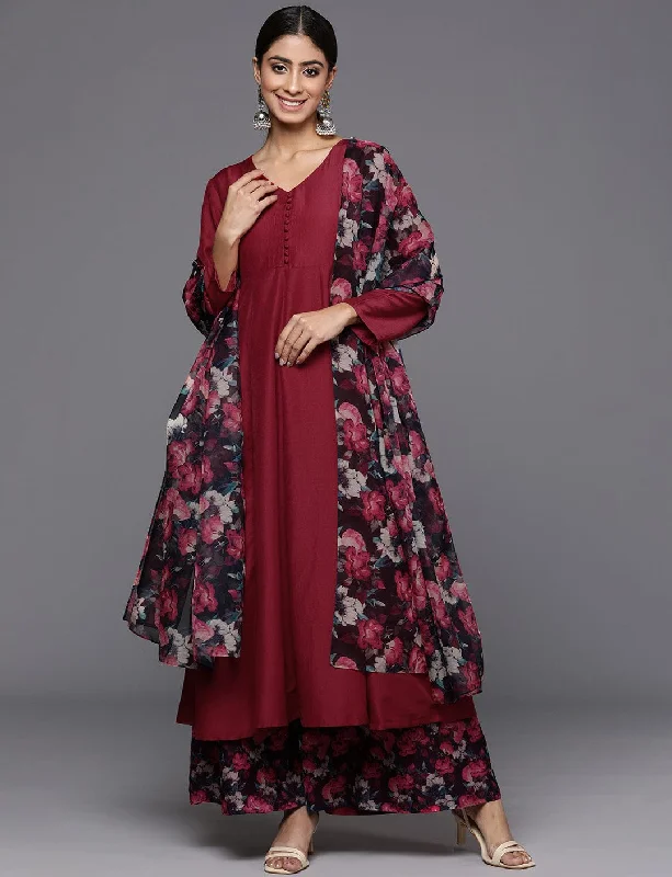 Maroon Anarkali Kurta Paired With Contrast Bottom And Dupatta