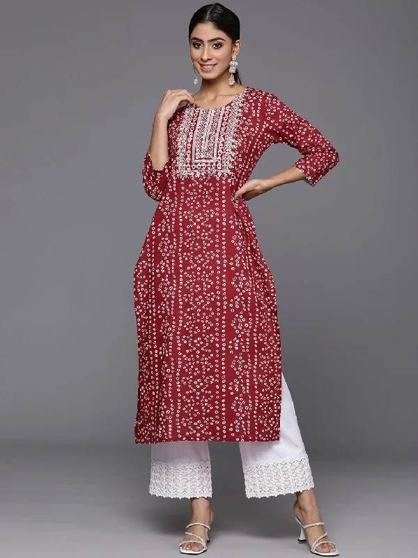 Maroon Bandhani Printed Straight Kurta