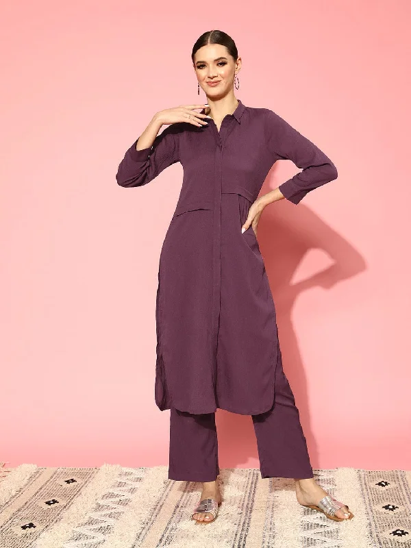 Mauve Shirt Collar Straight Kurta Paired With Tonal Bottom