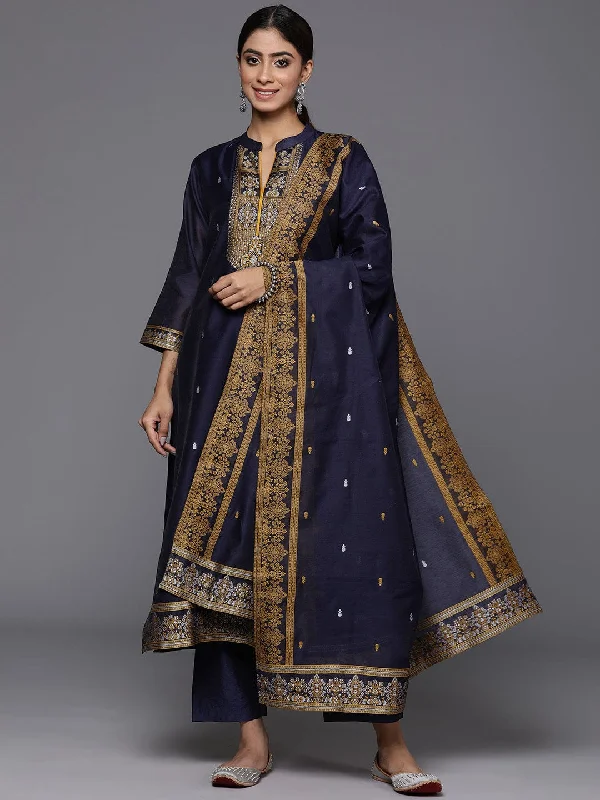 Navy Blue Ethnic Motif Woven Textured Mandarin Collar Straight Kurta Paired With Tonal Solid Bottom And Dupatta