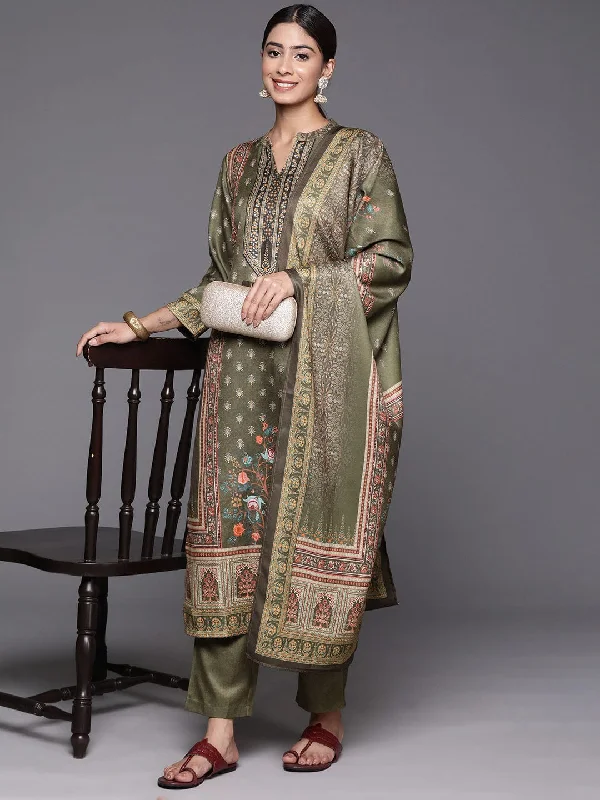 Olive Ethnic Motif Printed Straight Kurta Paired With Tonal Bottom And Dupatta