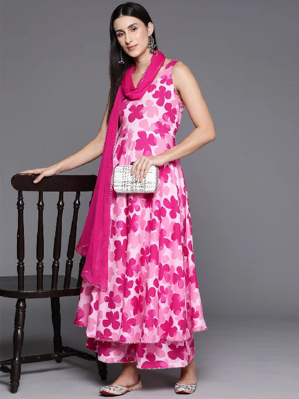 Pink Floral Printed Anarkali Kurtapaired With Tonal Printed Bottom And Dupatta