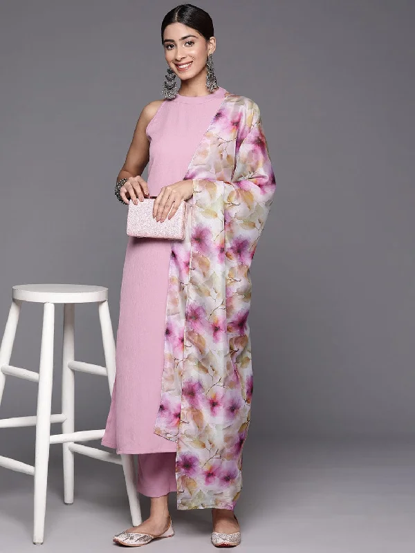 Pink Halter Neck Straight Kurta Paired With Tonal Bottom And Printed Dupatta