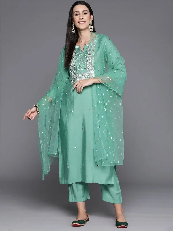 Sea Green Embroidered Straight Kurta Paired With Tonal Bottom And Net Dupatta