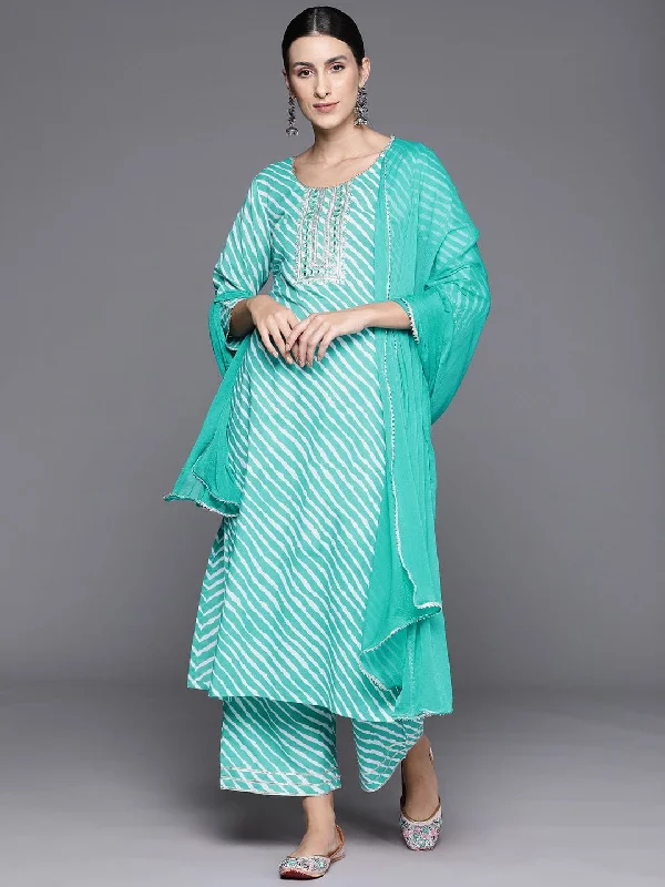 Turquoise Blue Leheriya Printed Round Neck Gota Embeliished Straight Kurta Paired With Tonal Bottom And Dupatta