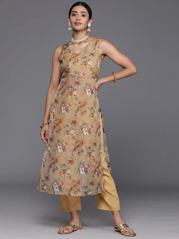 Varanga Beige Floral Printed High Slit Fusion Kurta with Trousers