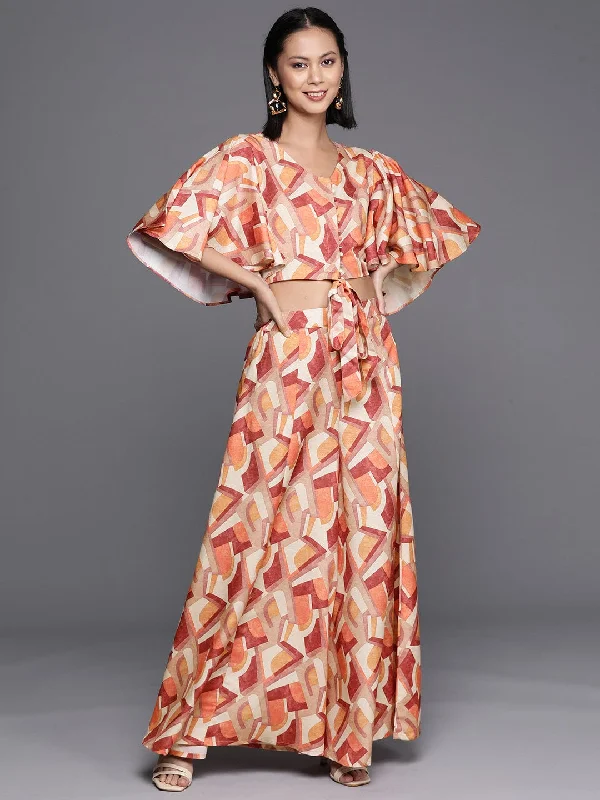 Varanga Biege and OrangePrinted Ethnic Co-Ords