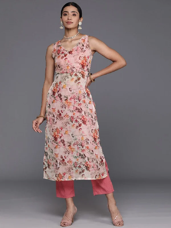 Varanga Biege Floral Printed High Slit Kurta with Trousers