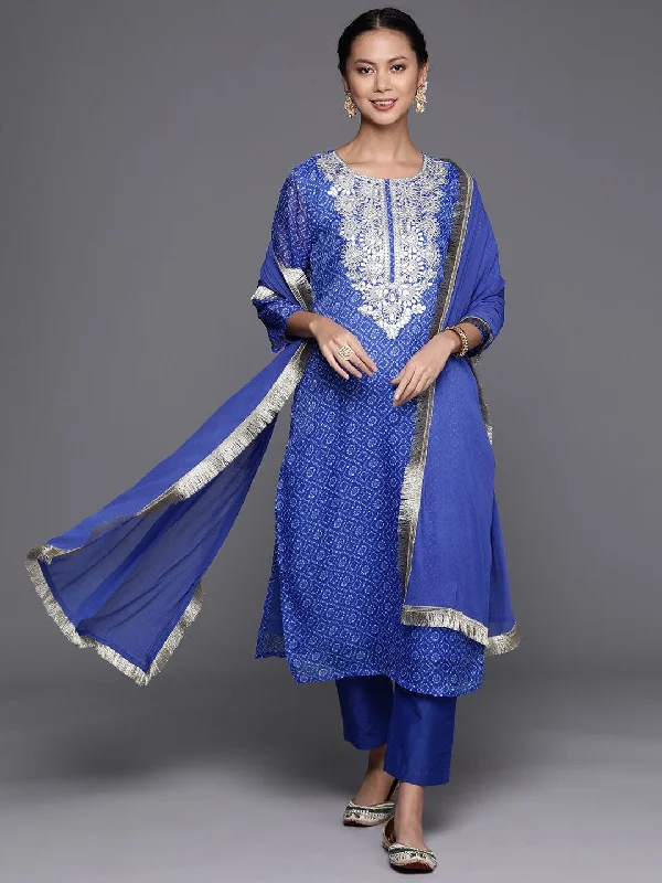 Varanga Blue Bandhani Printed, Gota Pati Embroidered Yoke Straight Kurta Paired With Tonal Bottom And Dupatta