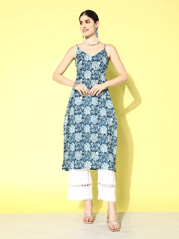 Varanga Blue Floral Printed Cotton Kurta